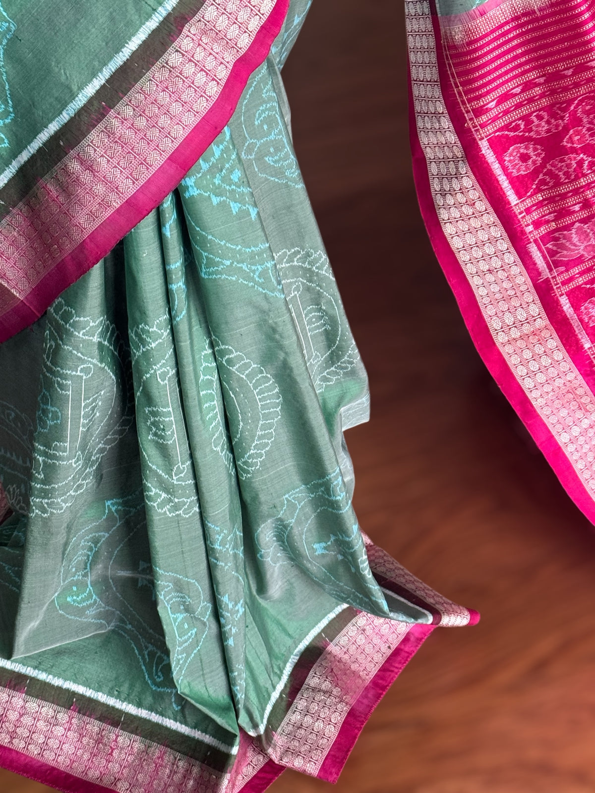 Handwoven Sage green and Pink yantra theme Sambalpuri ikat pure silk saree|Odisha Weaves|