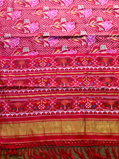 Red color single ikat patan Patola pure silk saree (aka semi-double ikat)
