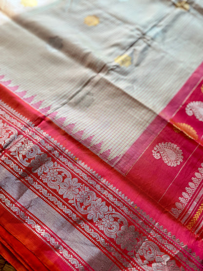 Handwoven Kuttu Gadwal pure Silk Saree in Beige color with orangish peach Checks body