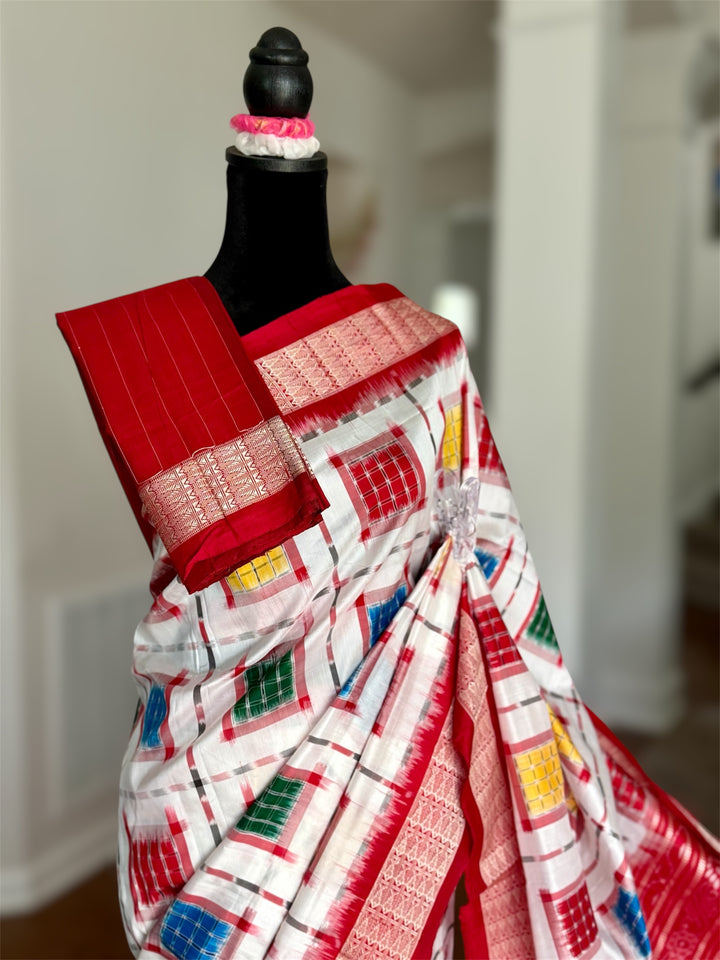 Handwoven White Aswini Sambalpuri Double ikat pure silk saree|Odisha Weaves|