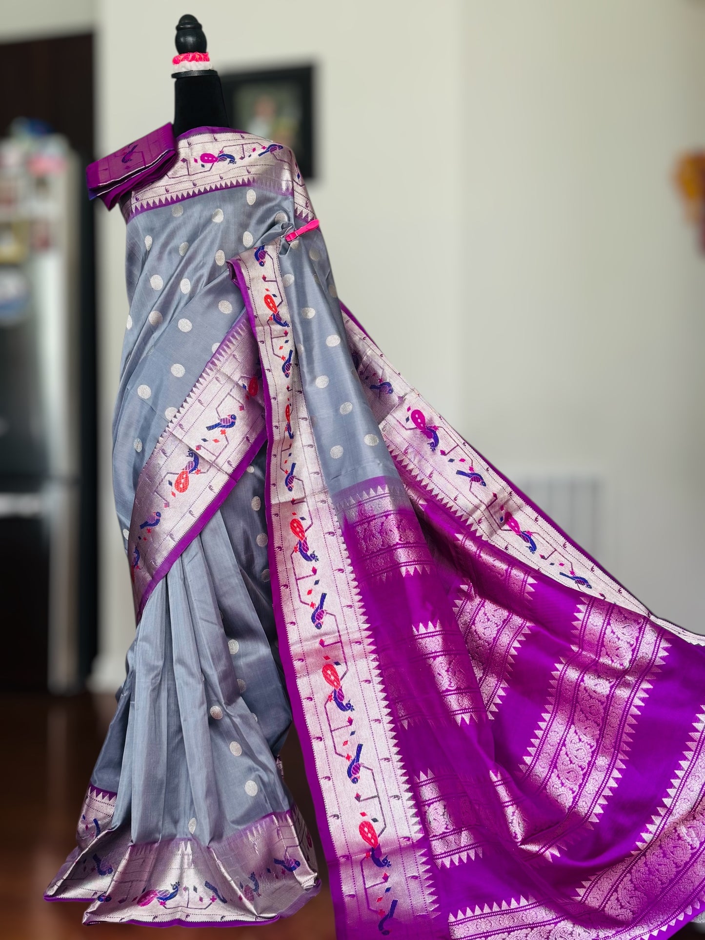 Grey purple high quality Venkatagiri handloom pure silk saree with Paithani border