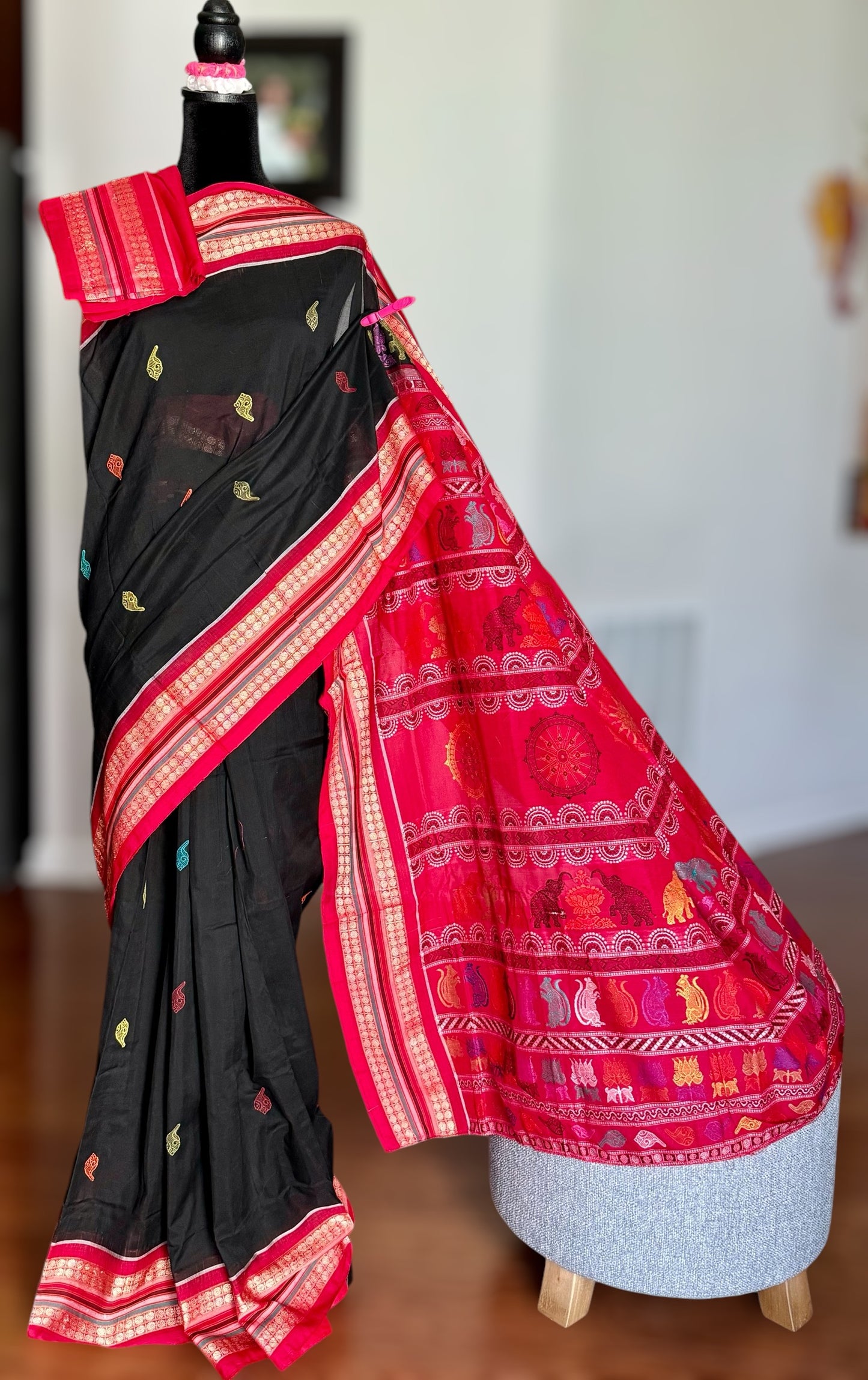 Handwoven Bomkai cotton saree in black red combinations