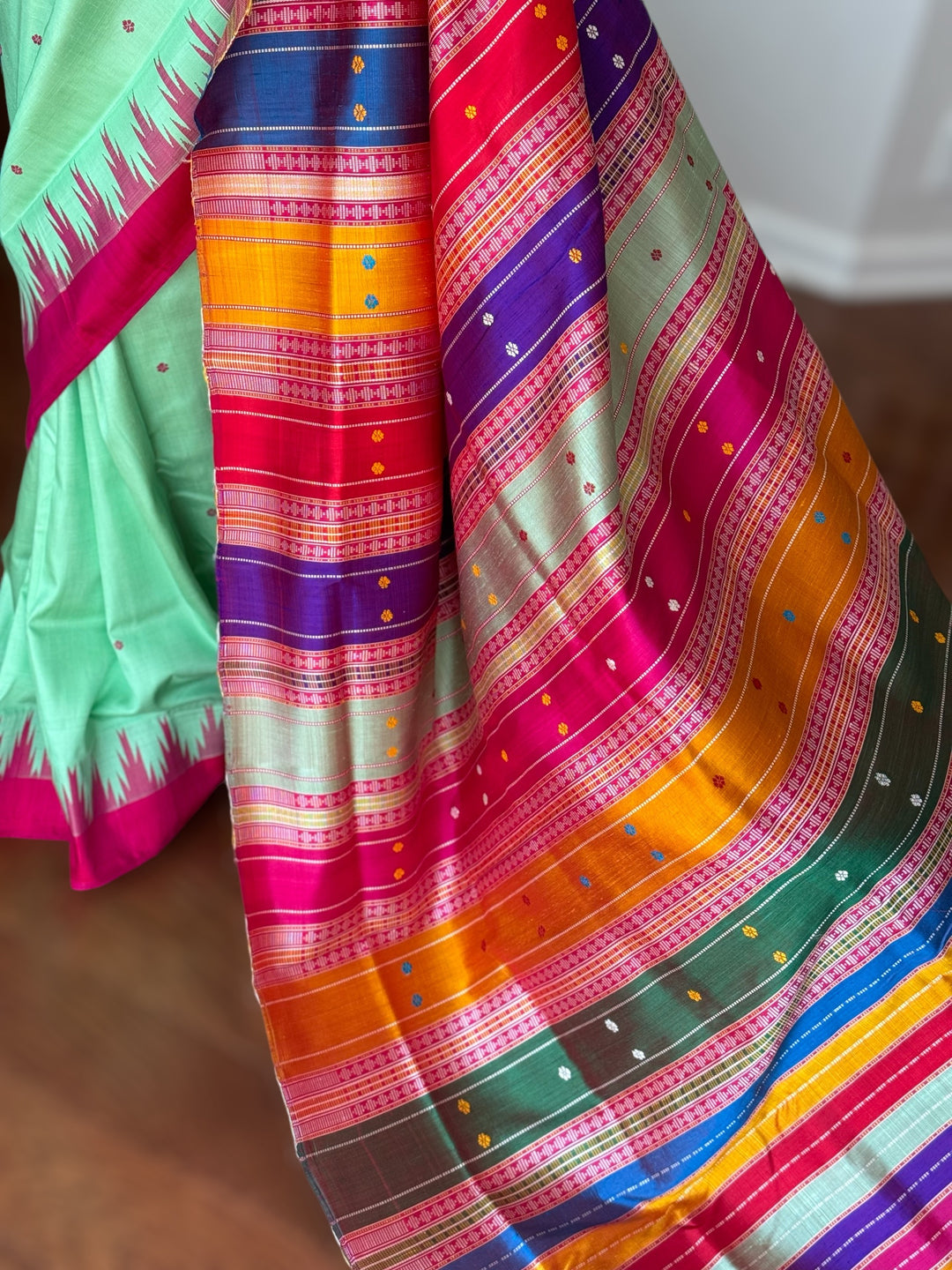 Aqua color Berhampuri Pure Silk Saree with Colorful double pallu