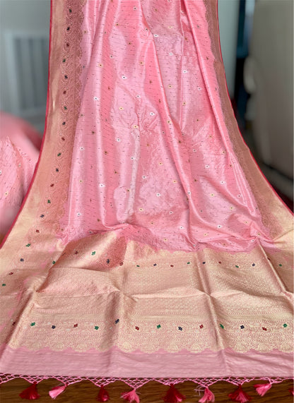 Luxurious Light Peach handwoven pure silk saree with Kadhwa, meenakari work