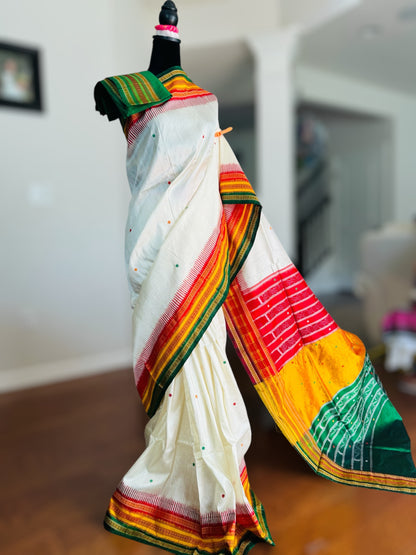 White kathiphera pure silk saree in red,yellow, green border and pallu | Khandua Ikat |Odisha Weaves