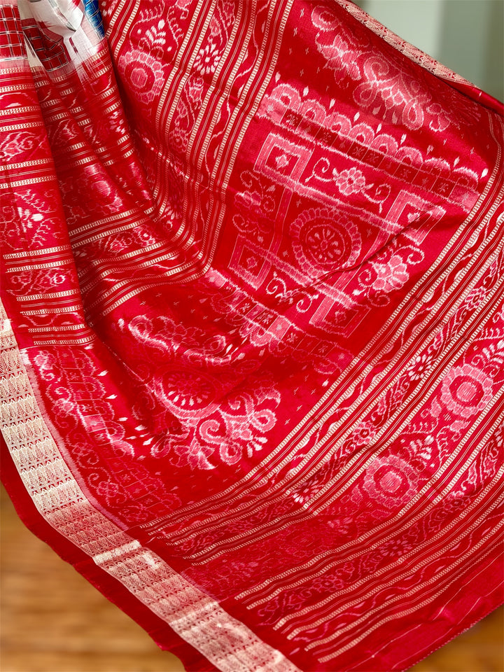 Handwoven White Aswini Sambalpuri Double ikat pure silk saree|Odisha Weaves|