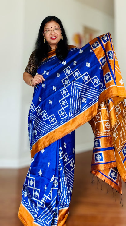 Blue with Mustard Yellow color handwoven ikat pure silk saree|Odisha Weaves|Contemporary Ikat|Antara