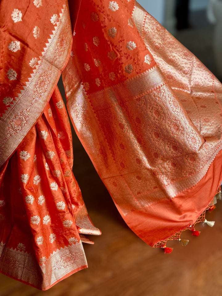 Banarasi Semi Mashru Silk Orange color Saree|Value Vogue