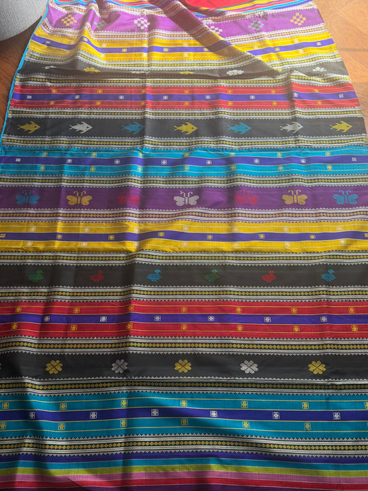 Maroon Berhampuri Pure Silk Saree with multi color Double pallu