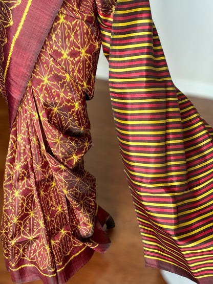 Brown Contemporary Pure silk ikat saree from Odisha weaves