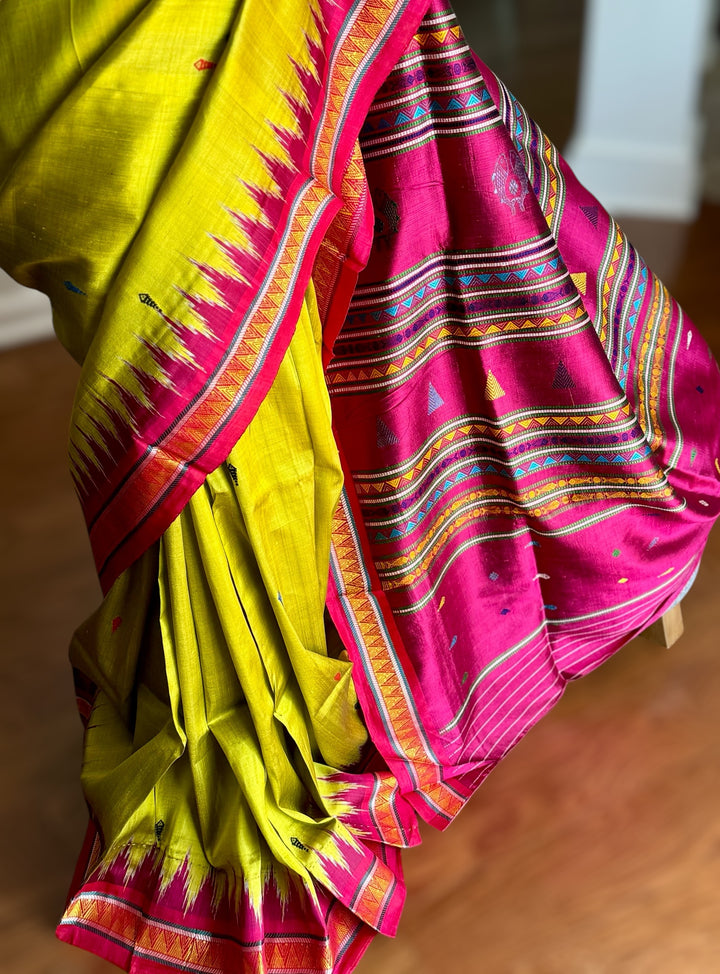 Light green and magenta pink combination Dongria double pallu contemporary ikat pure silk saree