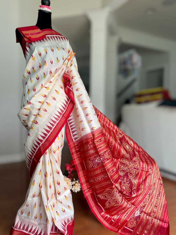 Flower bud design Handwoven Pure Silk ikat Khandua Saree White-Red|Odisha Weaves