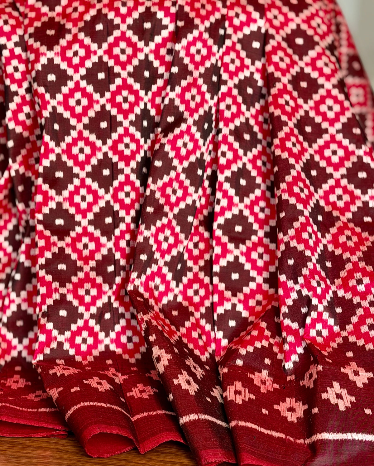 Maroon handwoven ikat pure silk saree with pasapali design|Odisha Weaves|Contemporary Ikat|Antara