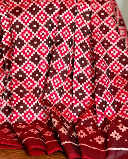 Maroon handwoven ikat pure silk saree with pasapali design|Odisha Weaves|Contemporary Ikat|Antara