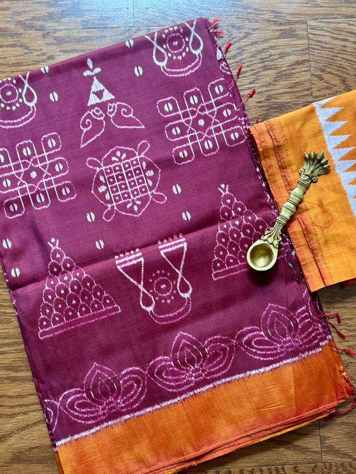 Maroon with orange yellow color handwoven Chita patterned ikat pure silk saree|Odisha Weaves|Contemporary Ikat