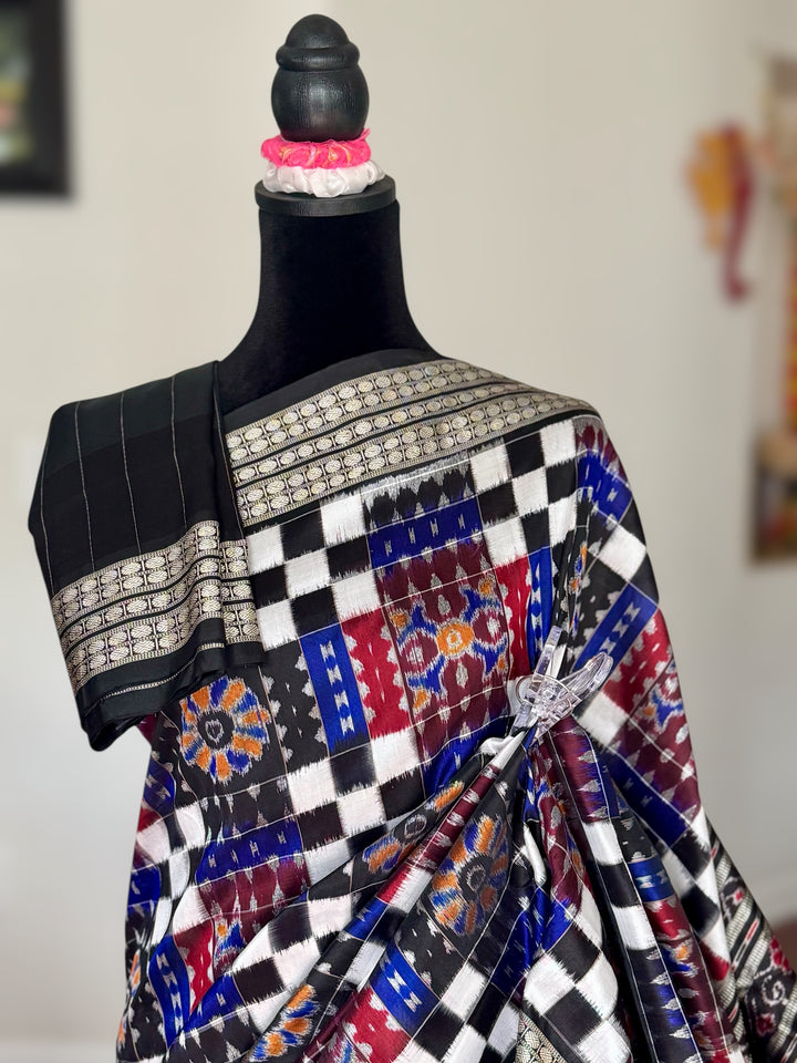 Handwoven Utkal Laxmi Sambalpuri ikat pure silk saree, Maroon Ikat pallu|Odisha Weaves|