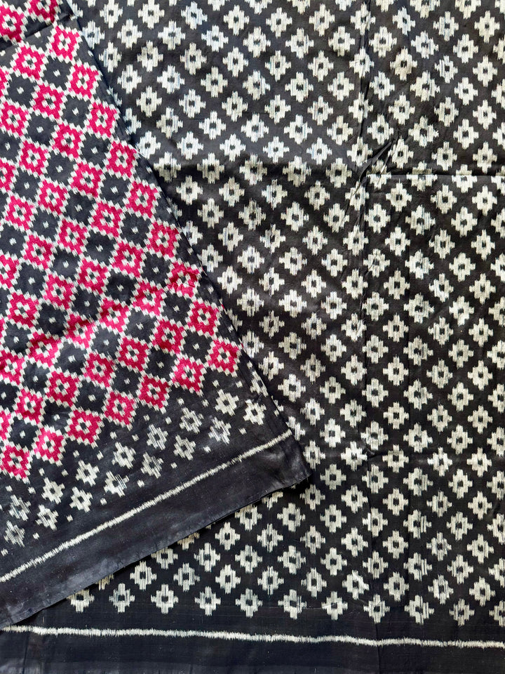 Black with red handwoven ikat pure silk saree|Odisha Weaves|Contemporary Ikat|