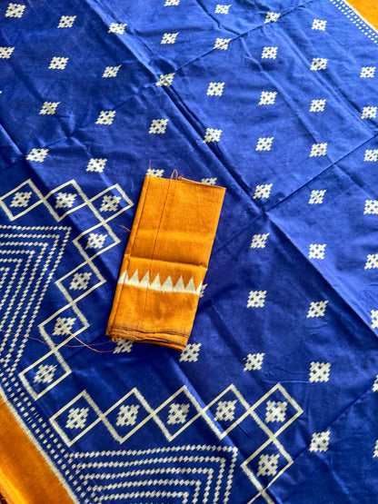 Blue with orange color handwoven ikat pure silk saree|Odisha Weaves|Contemporary Ikat|Antara