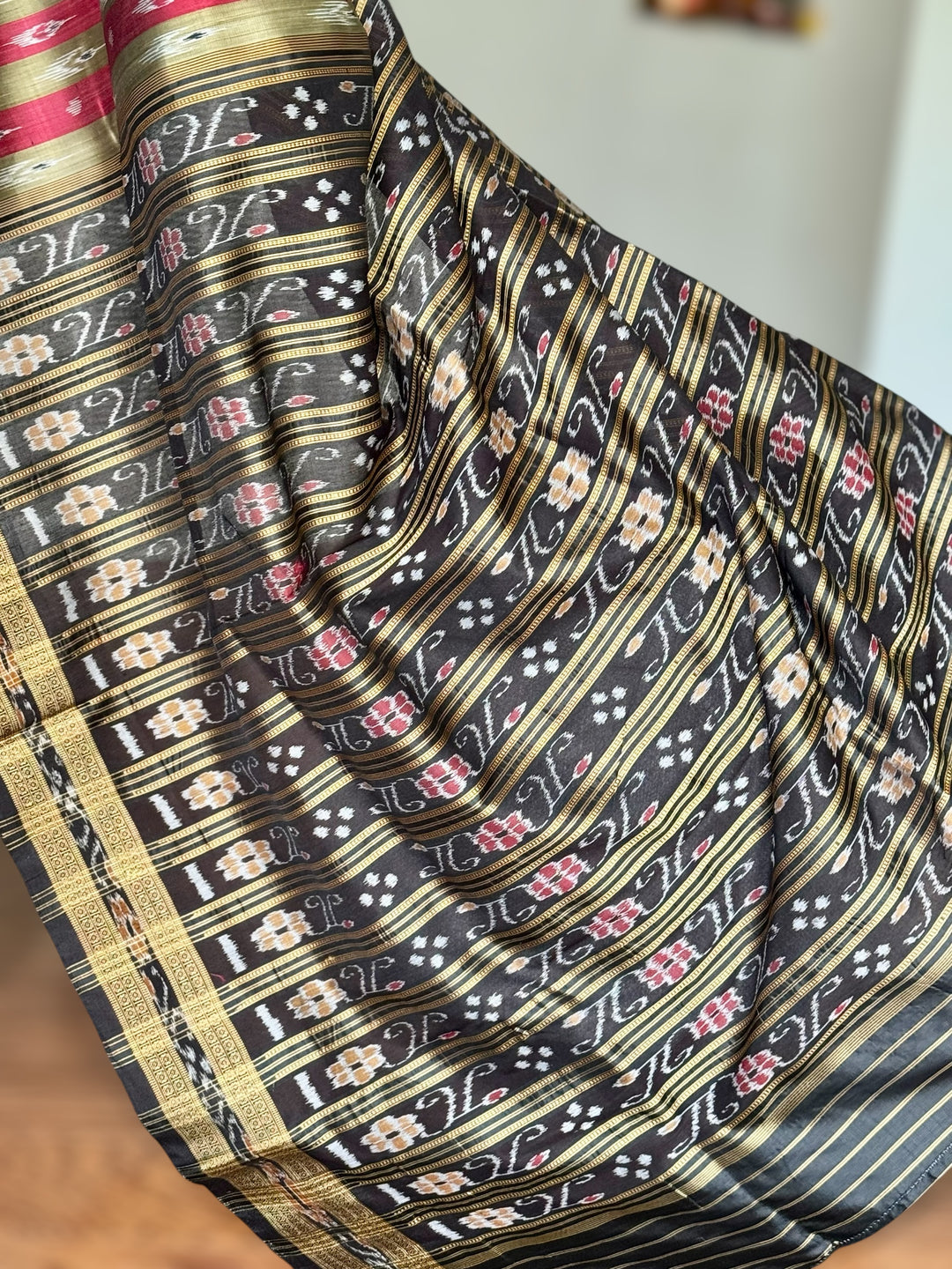 Maroon Beige Chandrika in striped body Contemporary Ikat Pure Silk Saree|Odisha Weaves|Mishrita