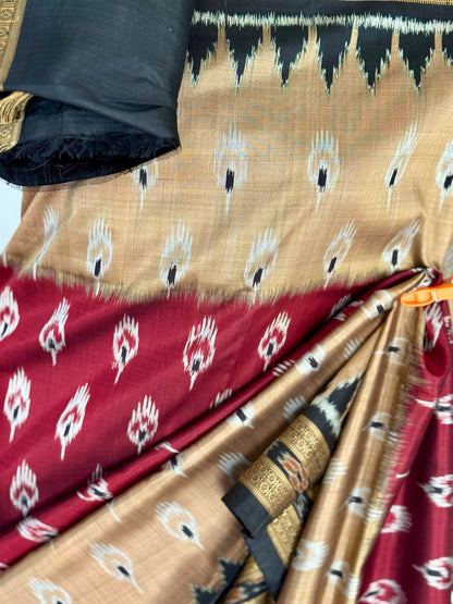 Maroon Beige Chandrika body Contemporary Ikat Pure Silk Saree|Odisha Weaves|Mishrita