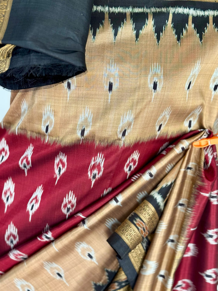 Maroon Beige Chandrika body Contemporary Ikat Pure Silk Saree|Odisha Weaves|Mishrita