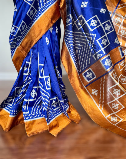 Blue with orange color handwoven ikat pure silk saree|Odisha Weaves|Contemporary Ikat|Antara