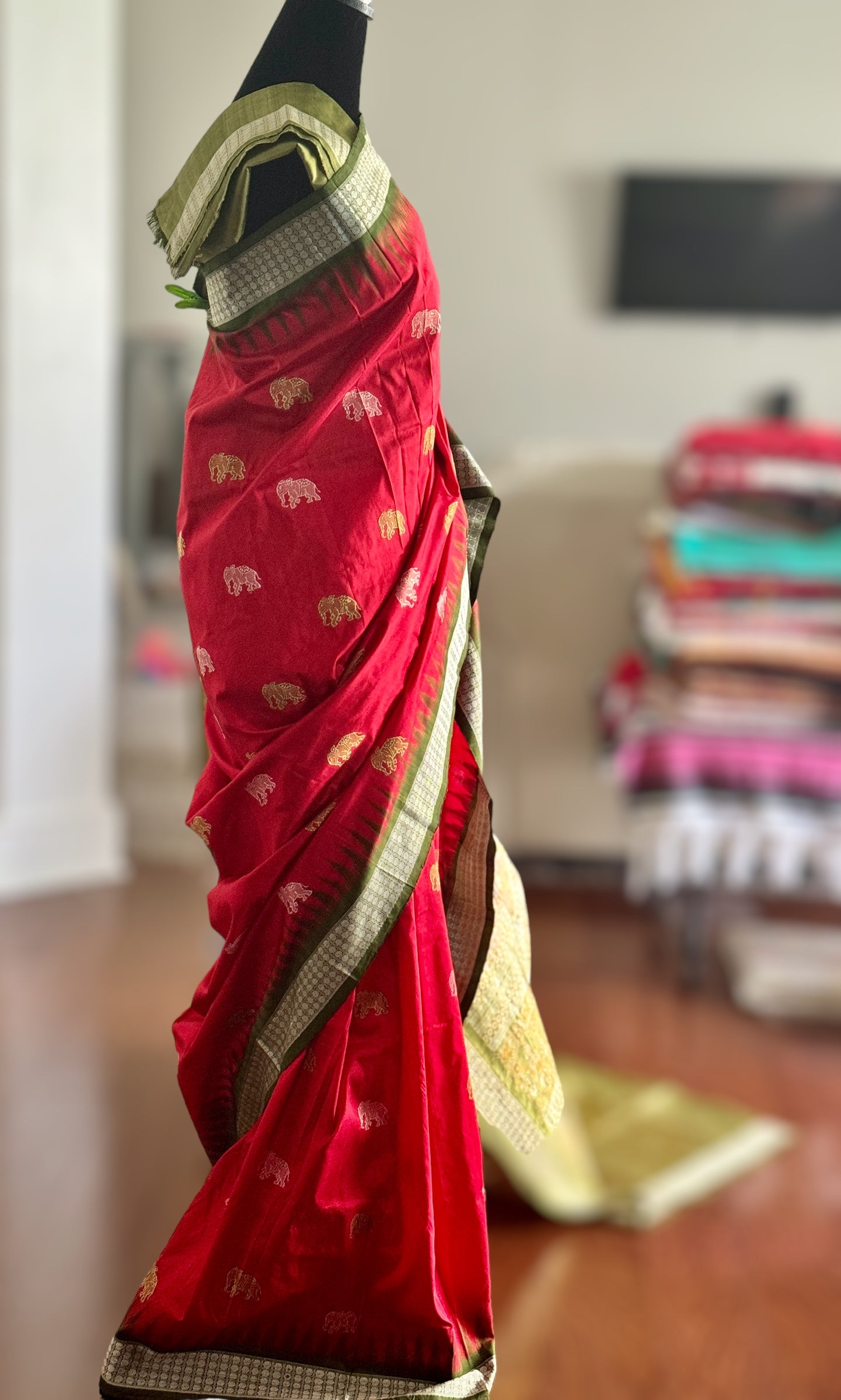 Red with mehendi green elephant motif Exclusive Bomkai pure silk Saree