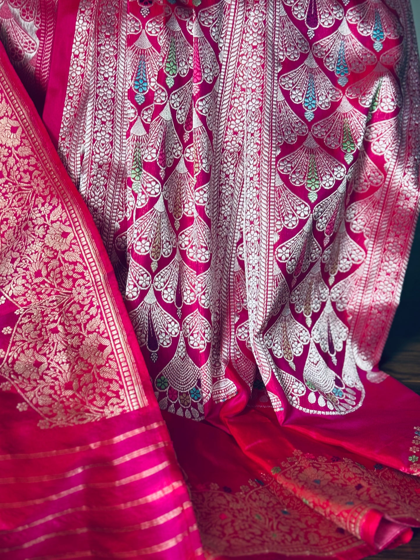 Luxurious Pink Banarasi ektara weaved pure katan silk saree with Kadhwa Janngla and meenakari work