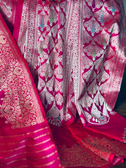 Luxurious Pink Banarasi ektara weaved pure katan silk saree with Kadhwa Janngla and meenakari work