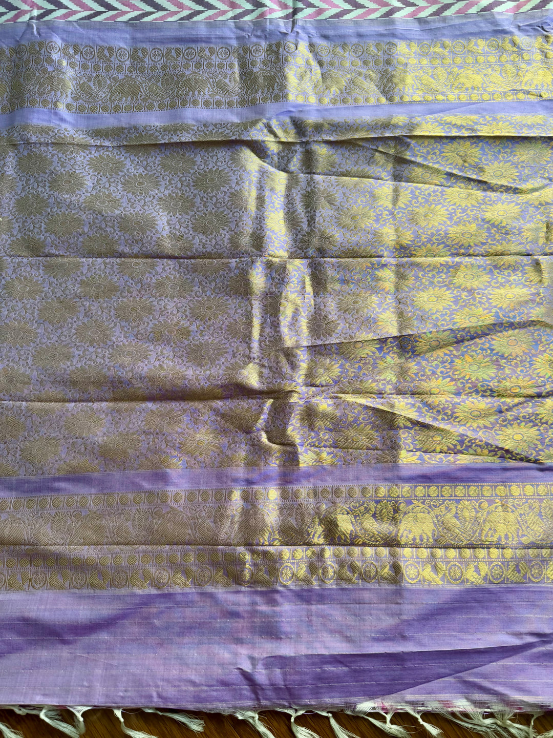 Lavender Ikkat (Pochampally)Fusion Silk Saree with Zari Woven Kanchipuram Border and Unstitched Blouse
