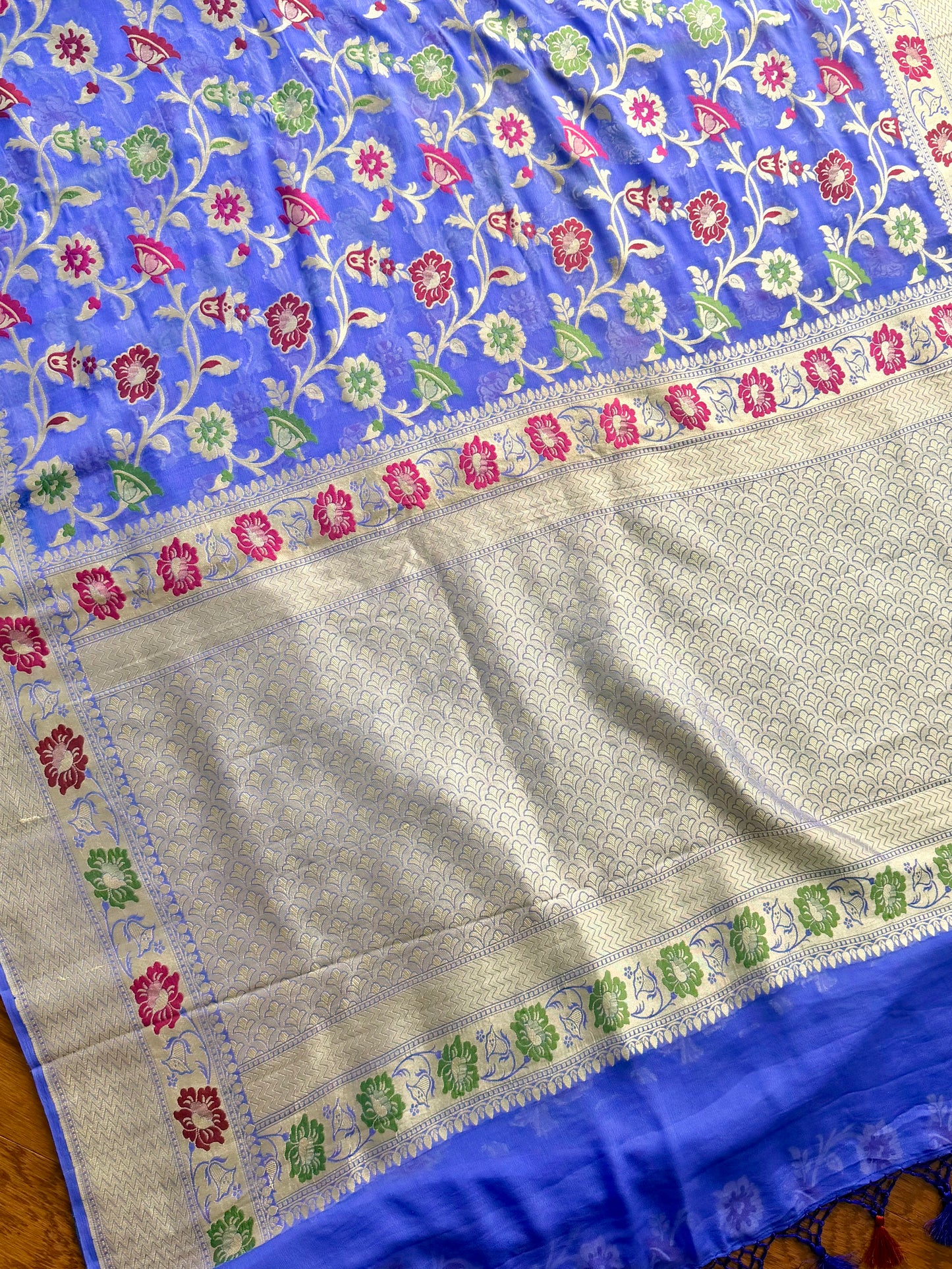 Light lavender-ish blue Banarasi hand woven pure khaddi georgette saree with Tilfi meenakari
