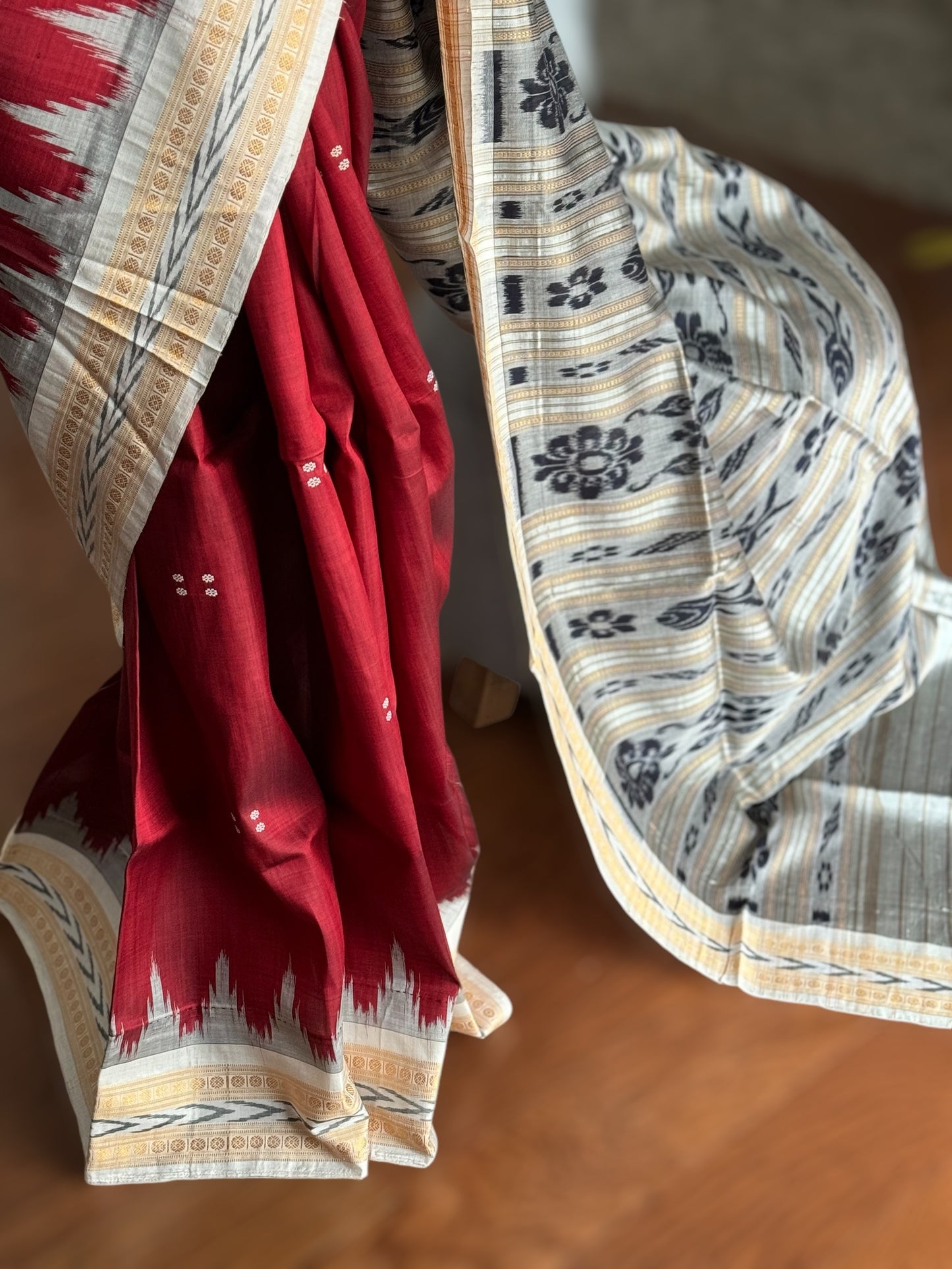 Maroon with cream combination khandua ikat pure silk saree from Odisha Weaves