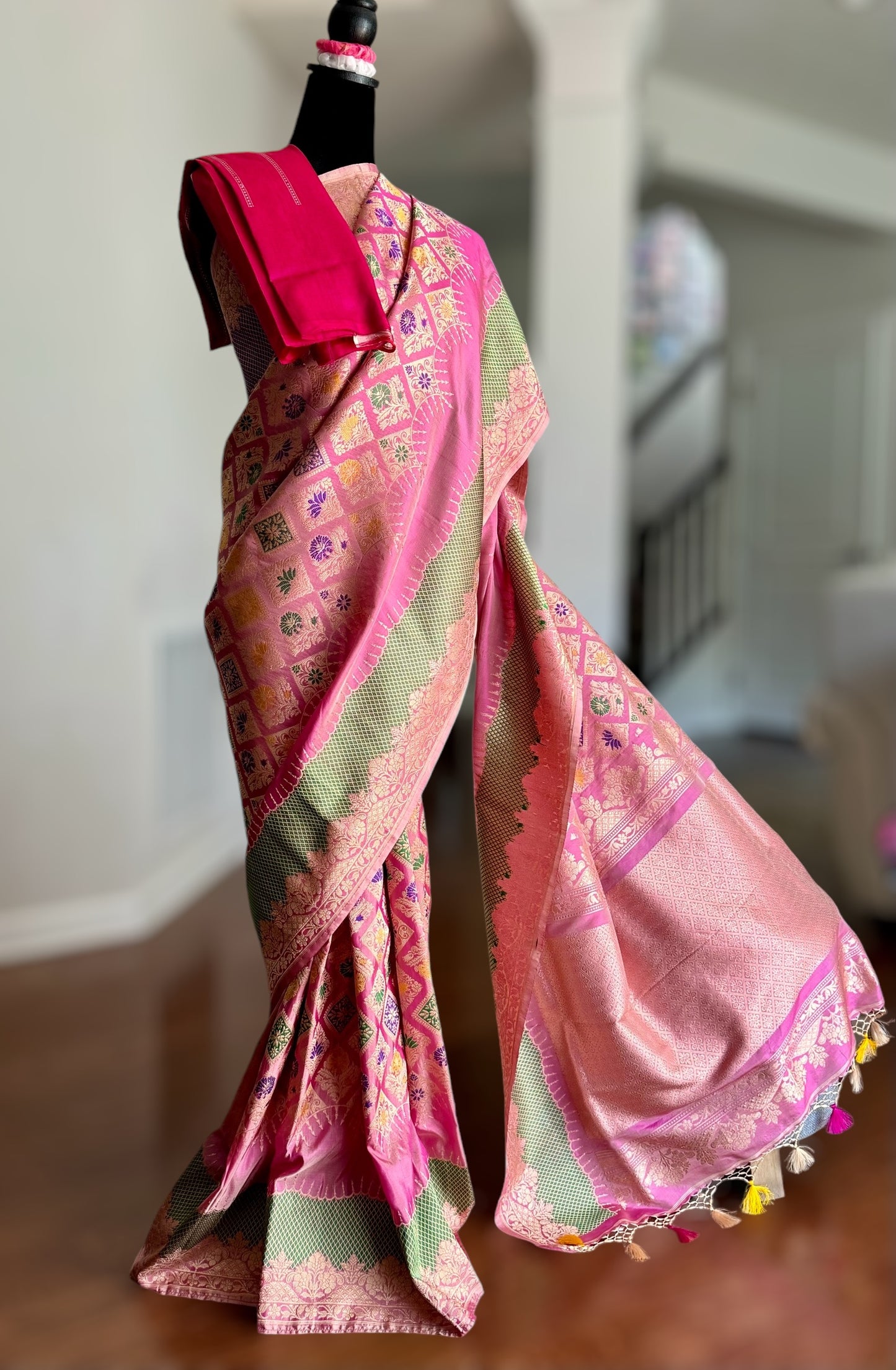 Luxurious Pink Banarasi pure katan silk saree with multicolor thread kadhwa meenakari weaving