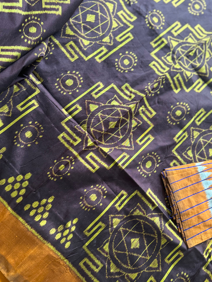 Dark Brown with yellow color handwoven yantra ikat pure silk saree|Odisha Weaves|Contemporary Ikat|