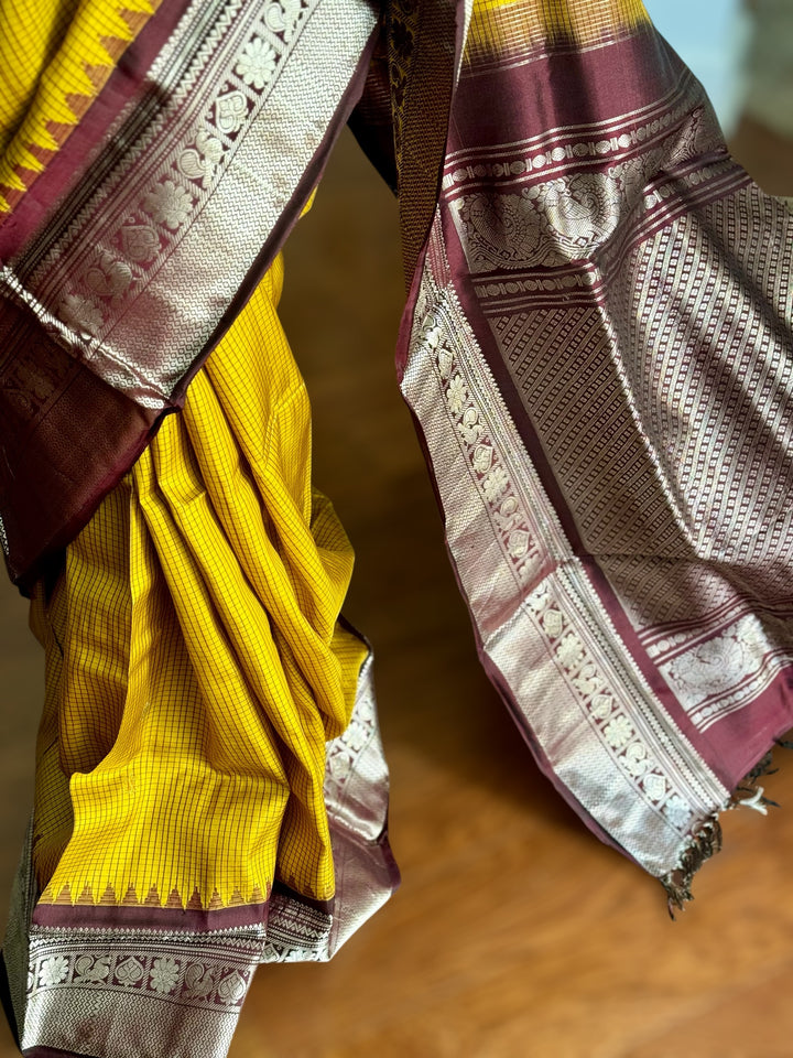 Handwoven Kuttu Gadwal pure Silk Saree in honey mustard color with Checks body