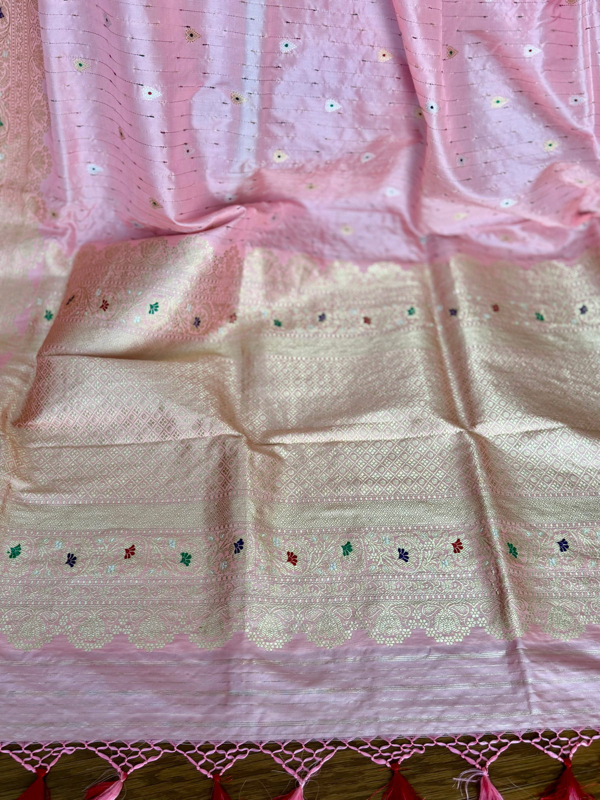Luxurious Light Peach handwoven pure silk saree with Kadhwa, meenakari work