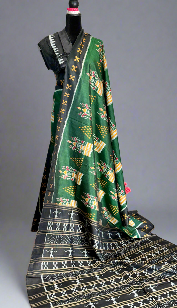 Dark Green Tribal Dance theme Contemporary Ikat Pure Silk Saree|Odisha Weaves