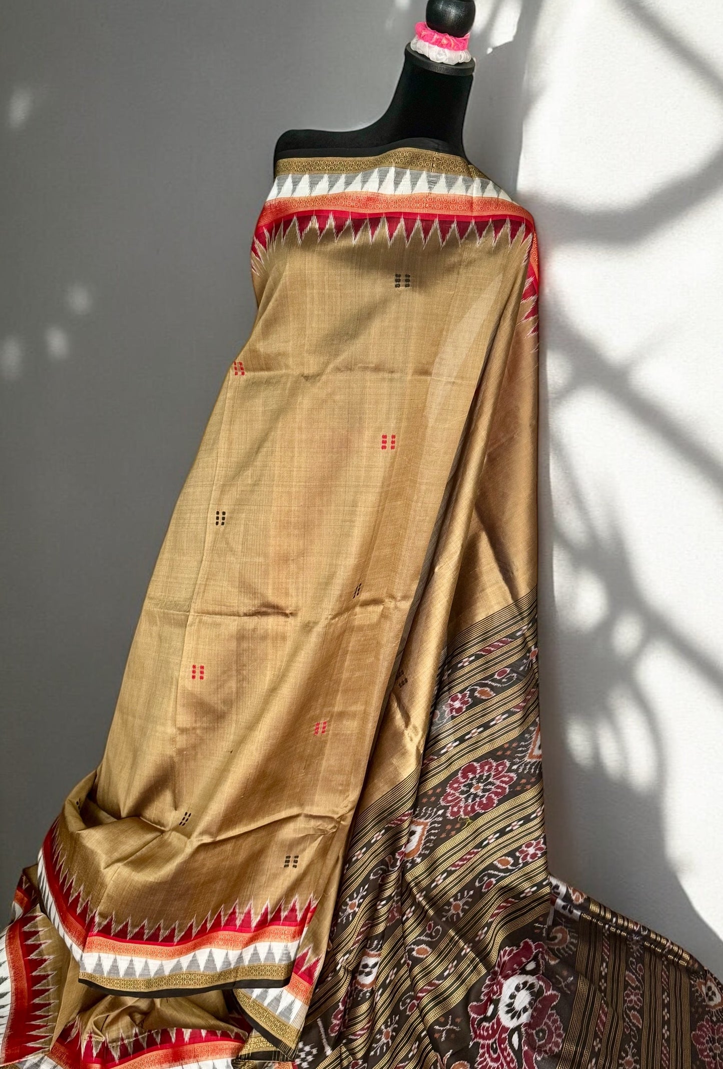 Ikat Khandua Pure Silk Saree from Odisha weaves in a sandy brown color