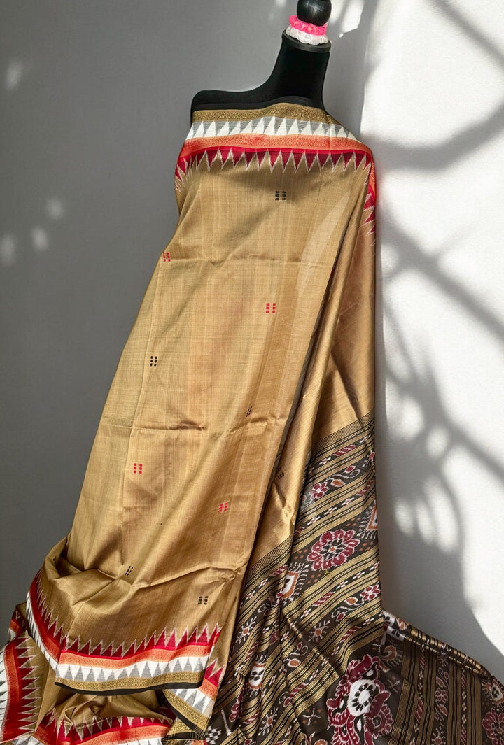 Ikat Khandua Pure Silk Saree from Odisha weaves in a sandy brown color |Odisha Weaves