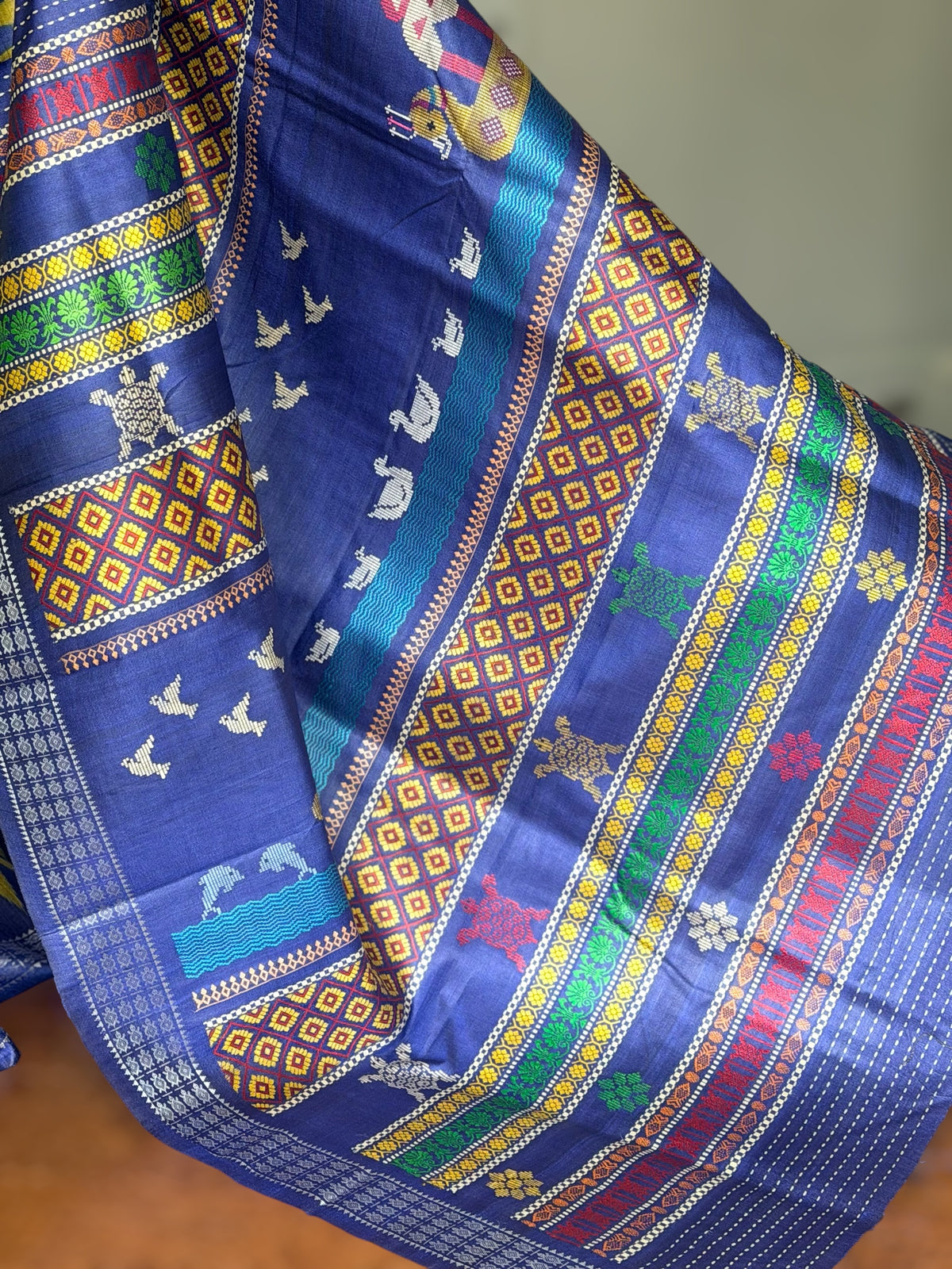 Boita theme handwoven pure Tussar silk saree in greenish yellow and blue color