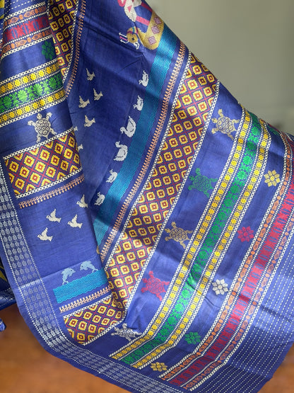 Boita theme handwoven pure Tussar silk saree in greenish yellow and blue color