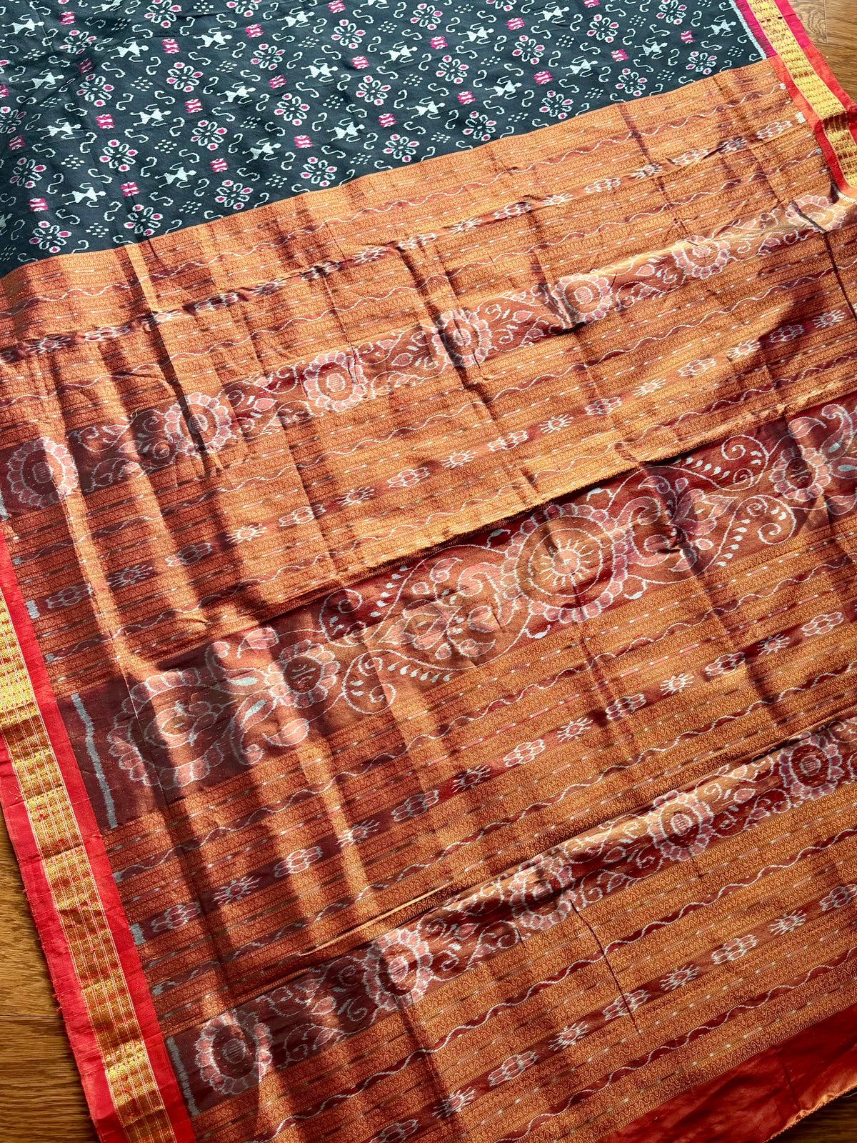 Black and rust red handwoven Sambalpuri pure Ikkat silk saree with tissue border and pallu | Odisha Weaves