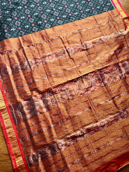 Black and rust red handwoven Sambalpuri pure Ikkat silk saree with tissue border and pallu | Odisha Weaves