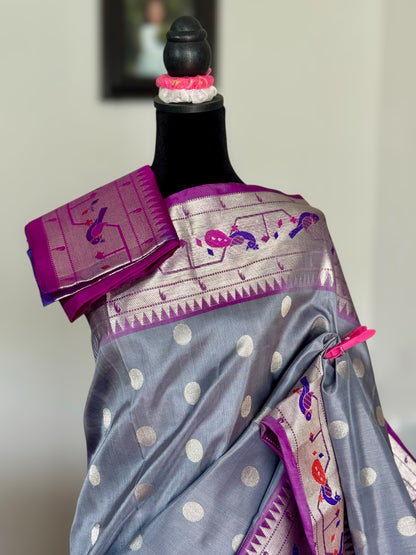 Grey purple high quality Venkatagiri handloom pure silk saree with Paithani border