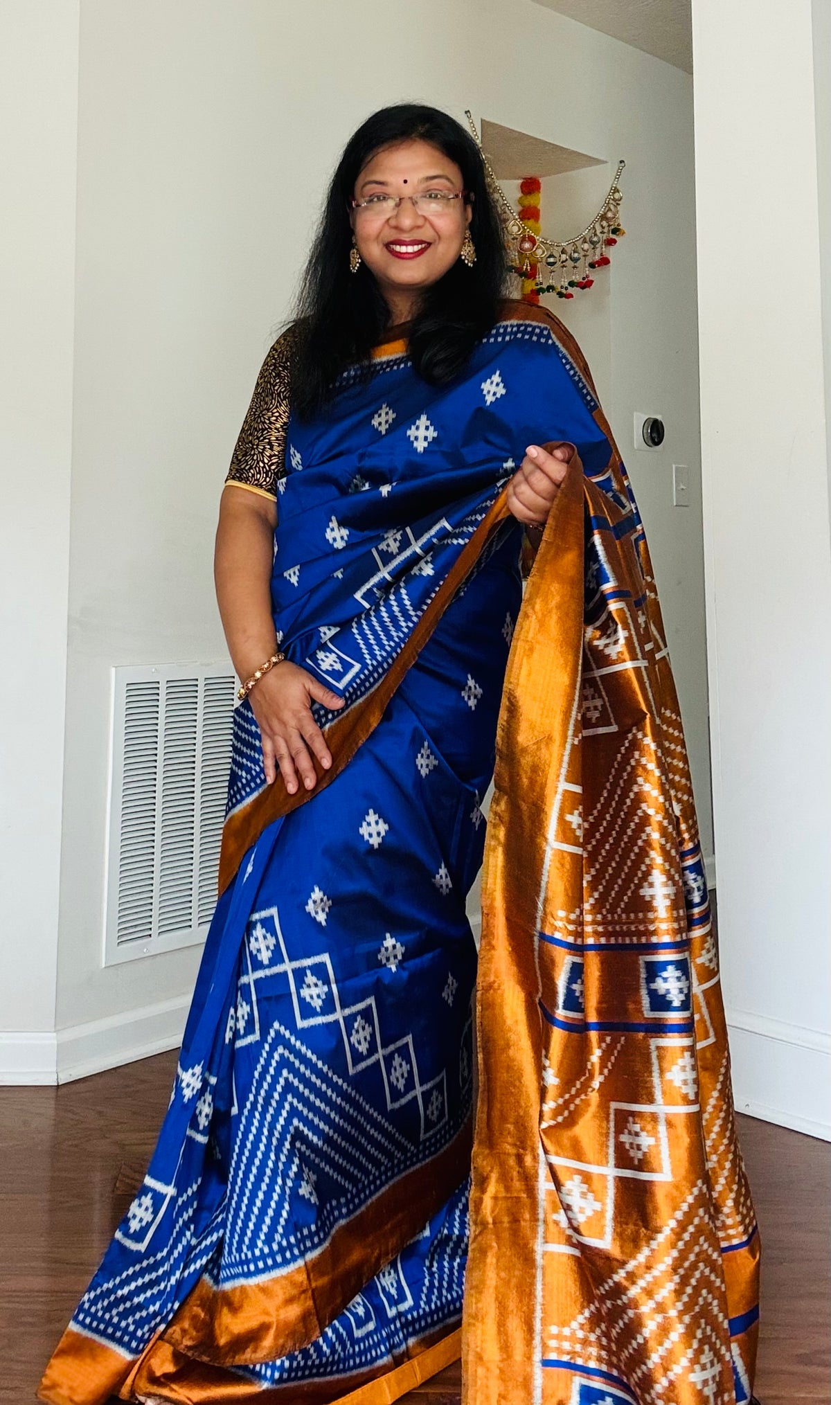 Blue with orange color handwoven ikat pure silk saree|Odisha Weaves|Contemporary Ikat|Antara