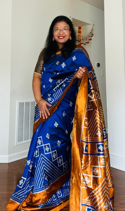 Blue with orange color handwoven ikat pure silk saree|Odisha Weaves|Contemporary Ikat|Antara