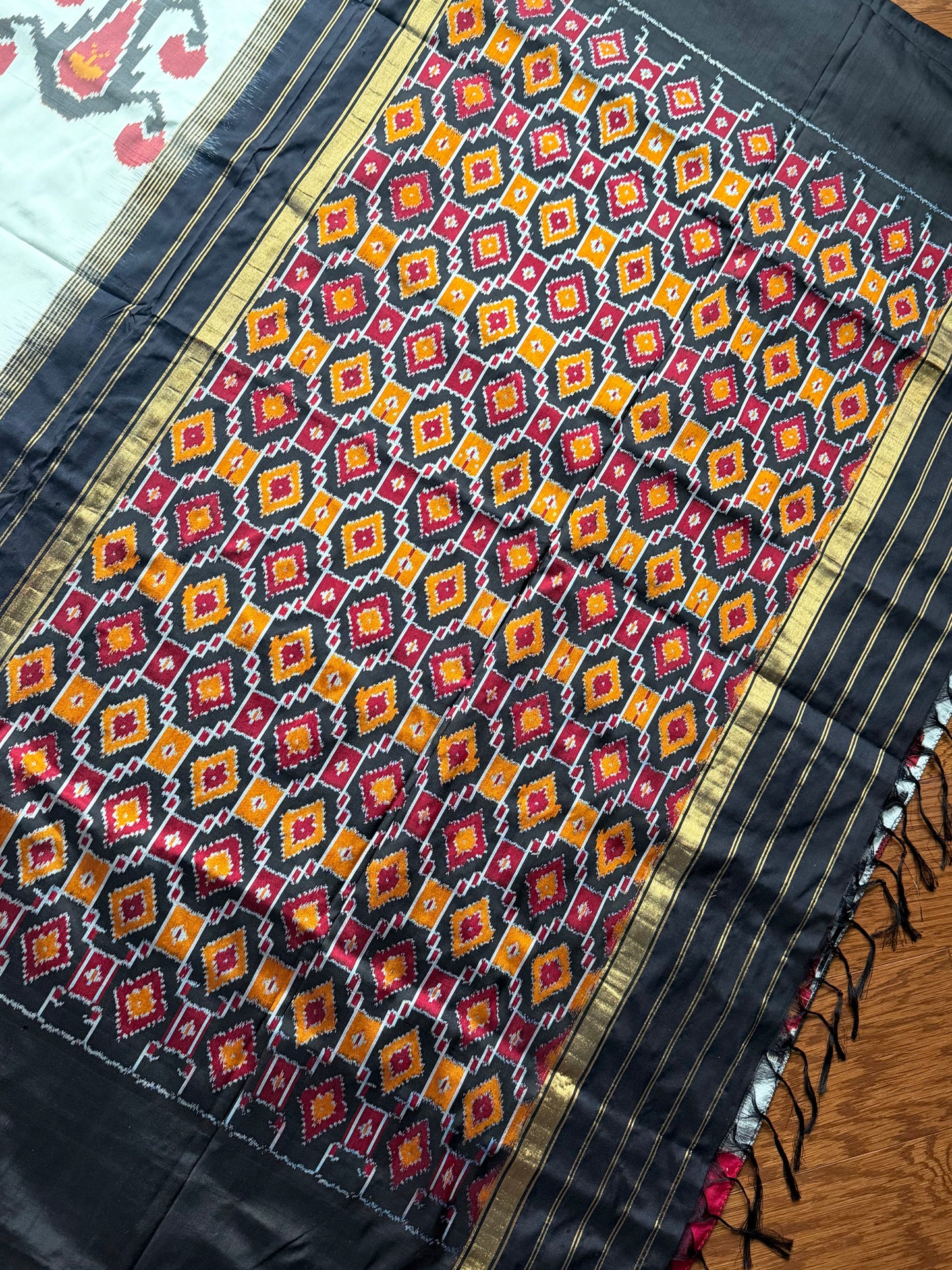 Cambodian inspired Pochampally handwoven double ikat pure silk saree| offwhite base| Sweta