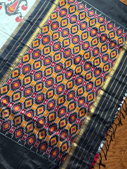 Cambodian inspired Pochampally handwoven double ikat pure silk saree| offwhite base| Sweta
