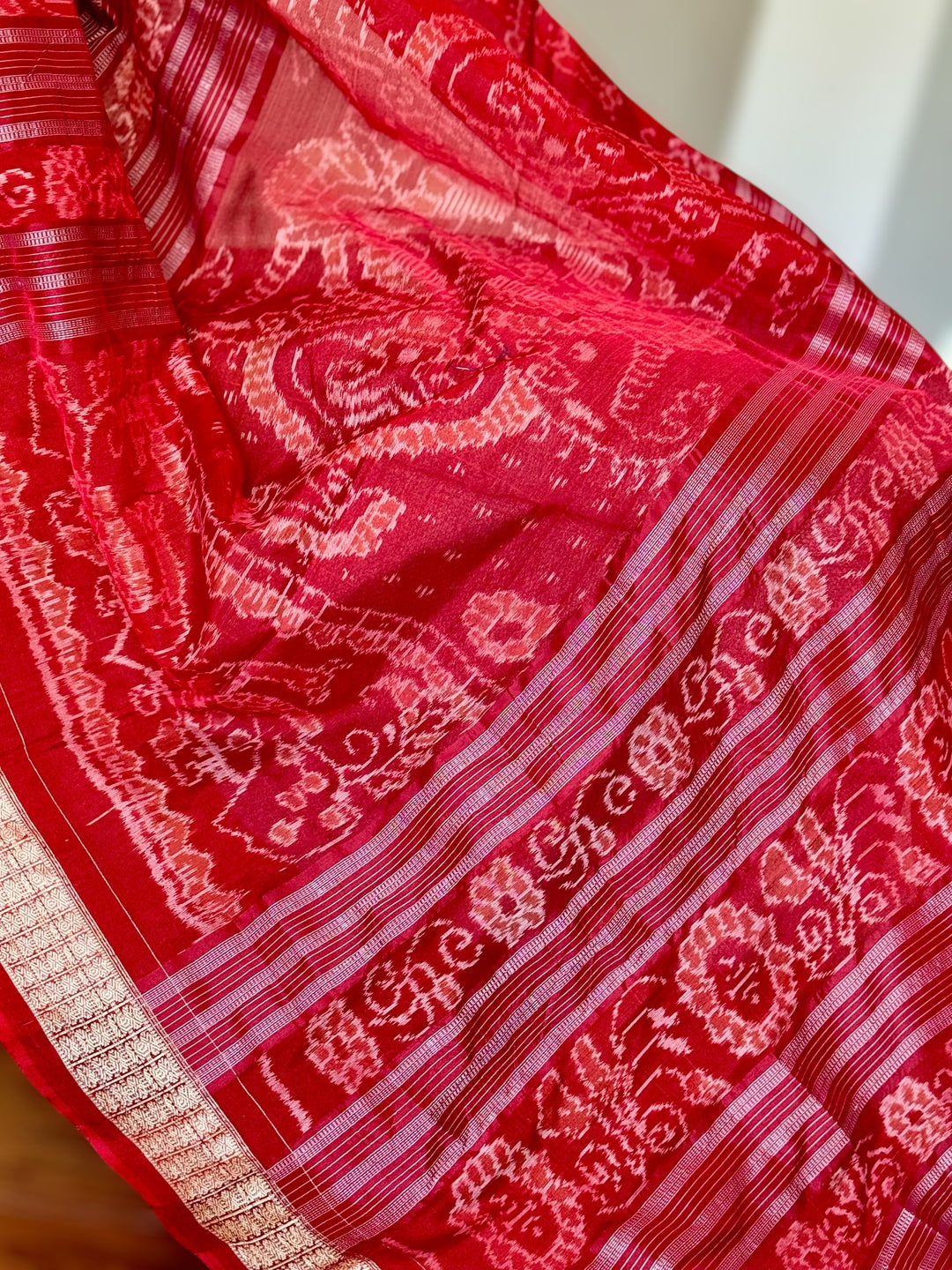 Dark Coral Red handwoven Sambalpuri Ikat Silk saree |Odisha Weaves