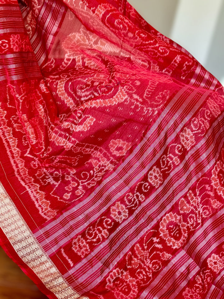 Dark Coral Red handwoven Sambalpuri Ikat Silk saree |Odisha Weaves